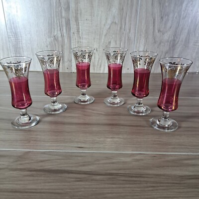 Vintage Ruby Flashed Cordial Glasses Set Of 6, Gold Roses On Bowl.