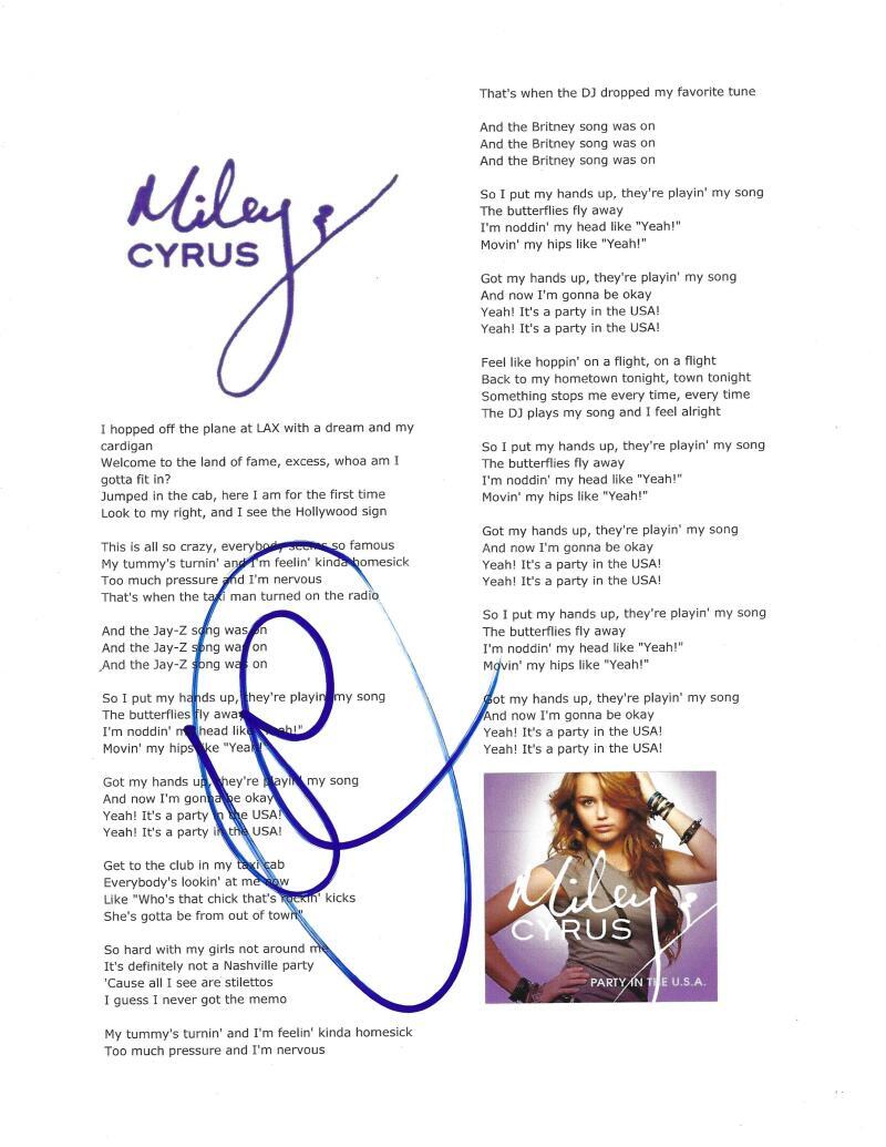 MILEY CYRUS SIGNED PARTY IN THE USA LYRIC SHEET AUTHENTIC