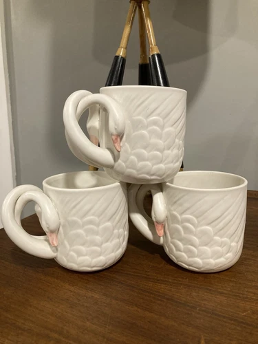 Vintage 1983 Fitz & Floyd Pottery 2 Swans Entwined 3D Handle Mug Cup Set Of 3