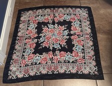 Vintage Satin Navy Blue Jacquard Multi Color Floral  Paisley 35  Square Scarf