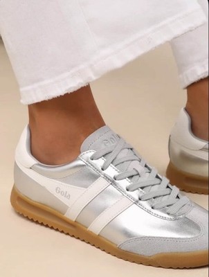 Gola Torpedo Glimmer Silver/Off White Striped Lace Up Retro Gum Sole Sneaker