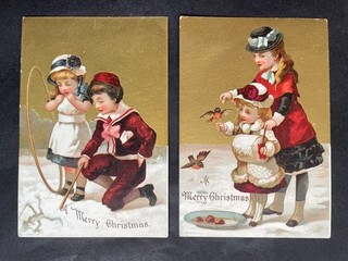 VICTORIAN GREETING CARDS x 2 XMAS CHILDREN PLAYING OUTSIDE IN SNOW BIRDS