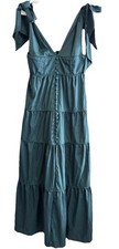 Green Solid Midi Dress V-Neck Strappy Sleeveless Bow Button Smocked Back L