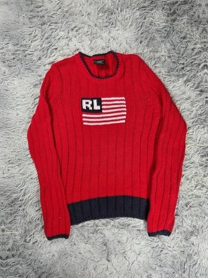 Vintage Polo Jeans Pullover Co Ralph Lauren rot Flagge USA Baumwolle Made in Fiji L
