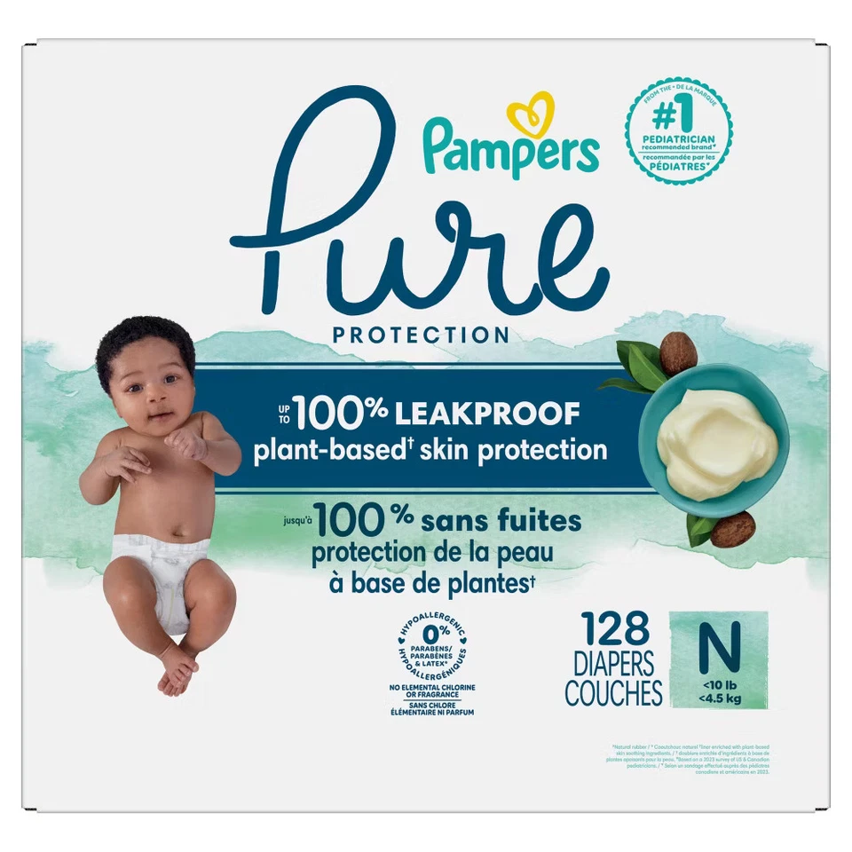 Pampers Pure Protection Diapers Size 0, 128ct Shea Butter Liner Plant-Based