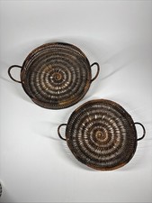 Set of 2 Round Woven Wicker Rattan Baskets w/ Handles Brown Boho Trays 11   12  