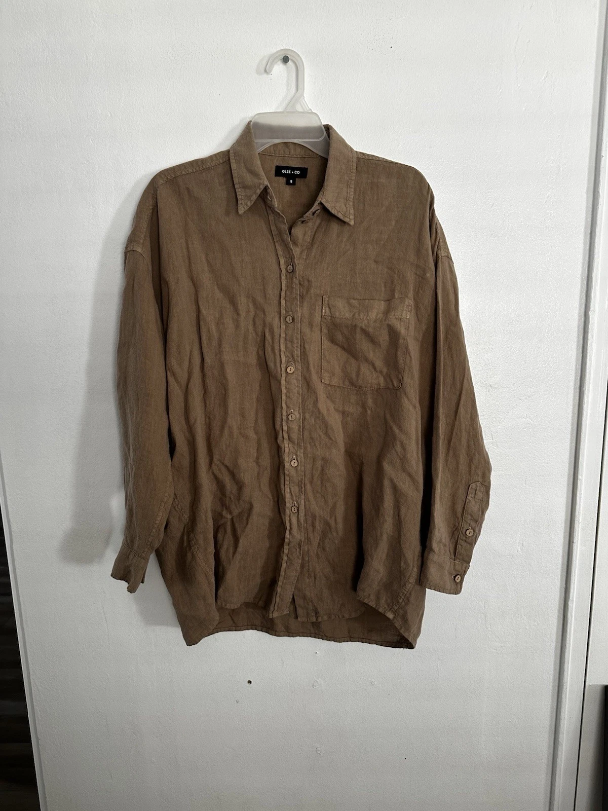 Glee+Co Linen Longsleeve Button down Shirt $159 Made In USA Tan