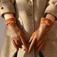 Lady Pu Leather Gloves Driving Warm Lining Faux Suede Gloves Touchscreen Vintage