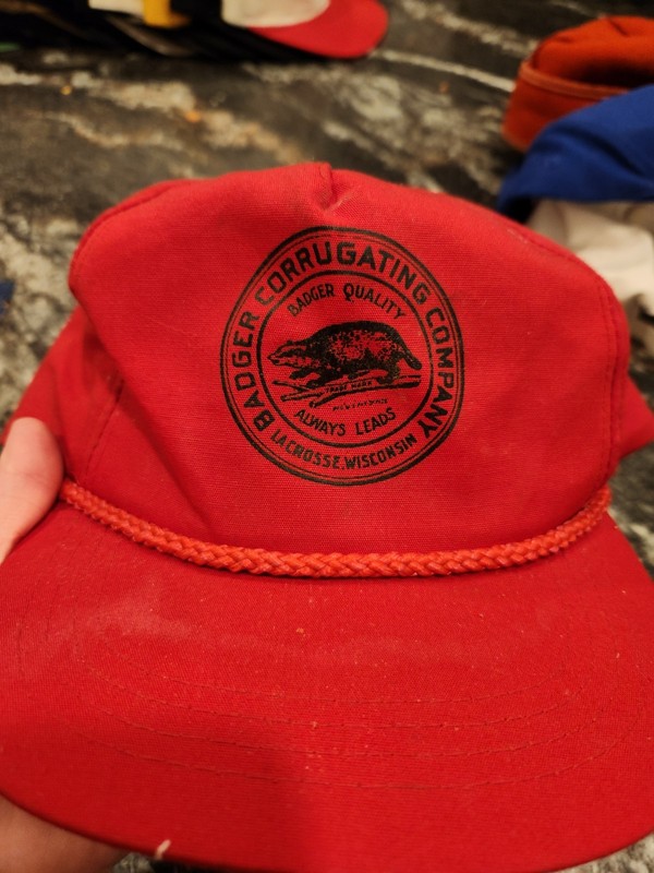 vintage red Badger Corrugating Company trucker hat.  Snapback Cap