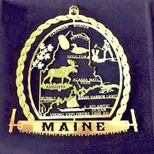 Maine Ornament Brass State Landmarks Travel Souvenir, Moose Acadia Leaves