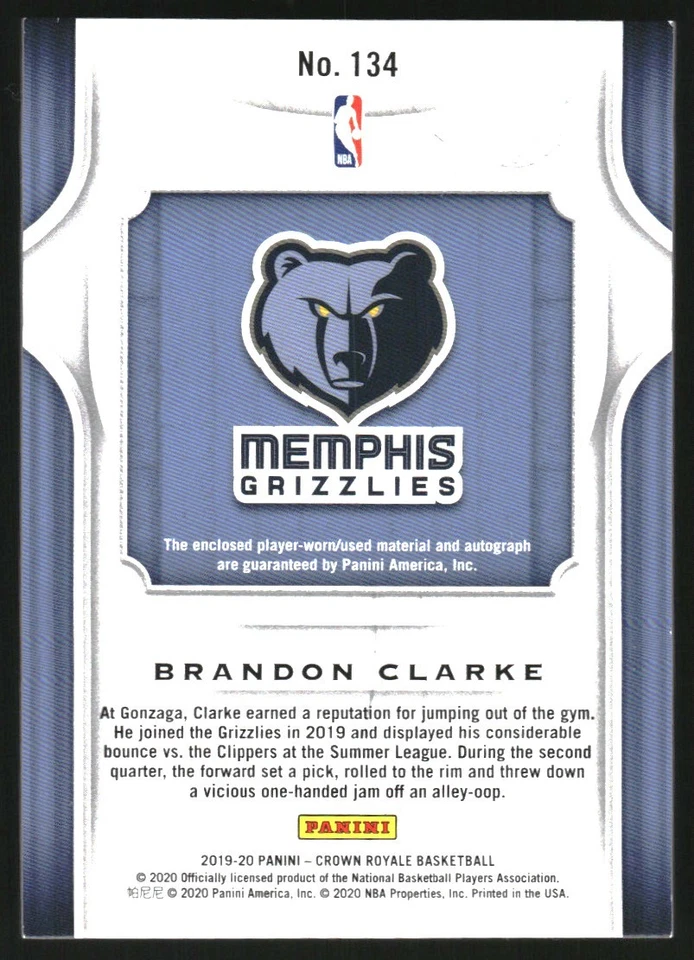 2019-20 Crown Royale #134 Brandon Clarke Auto Jersey /199 - Image 2 of 2