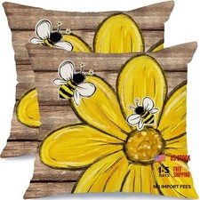 Farmhouse Daisy Bee Throw Pillow Covers 18" x 18" Pack of 2 Daisy-wood Grain