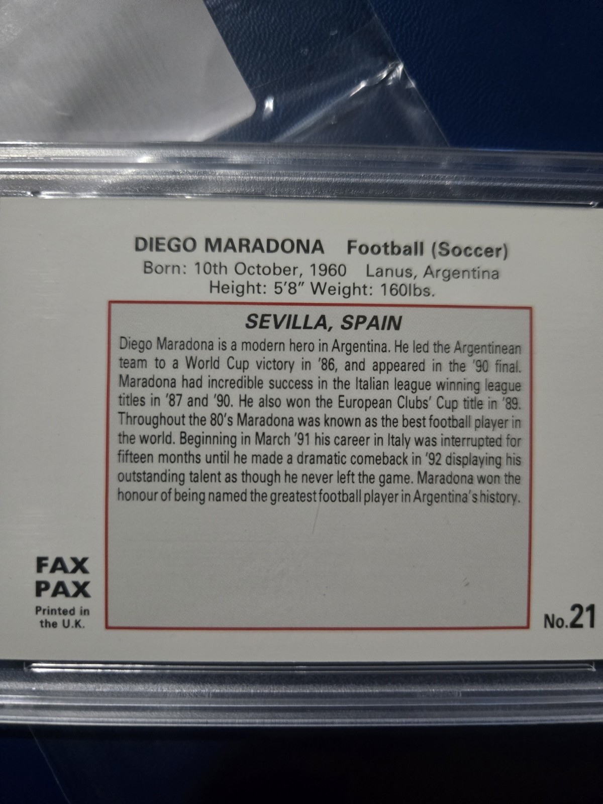 1993 Fax Pax World of Sport #21 Diego Maradona PSA 10 Argentina (C) view 4