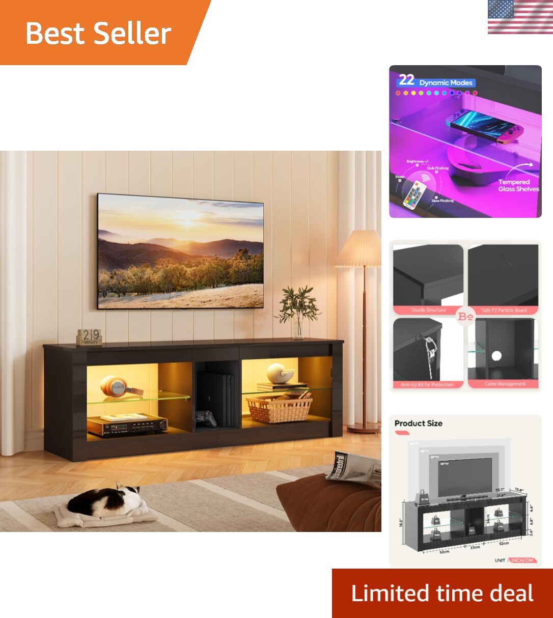 Modern TV Stand for 55 60 inch TV with LED Lights, High Gloss Entertainment C...