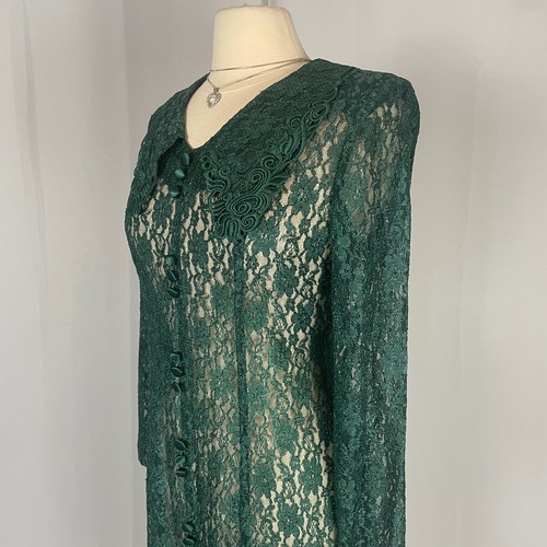Vintage Maxi Dress Size 12 Green Lace Sheer Long Sleeve Whimsigoth Cottage 90s - Picture 6 of 16