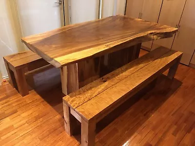 Solid Mango Wood Timber Slab Dining Table Bench Seating Solid Mango Wood Timber Slab Dining Table Bench Seating