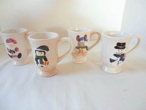 Vintage PAI Christmas Holiday Footed Mugs Set 4 Santa Snowman Reindeer Penguin 