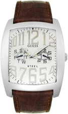 GUESS? Men's Broker Silver Tone Leather Watch Orig. $209 PRE-OWNED