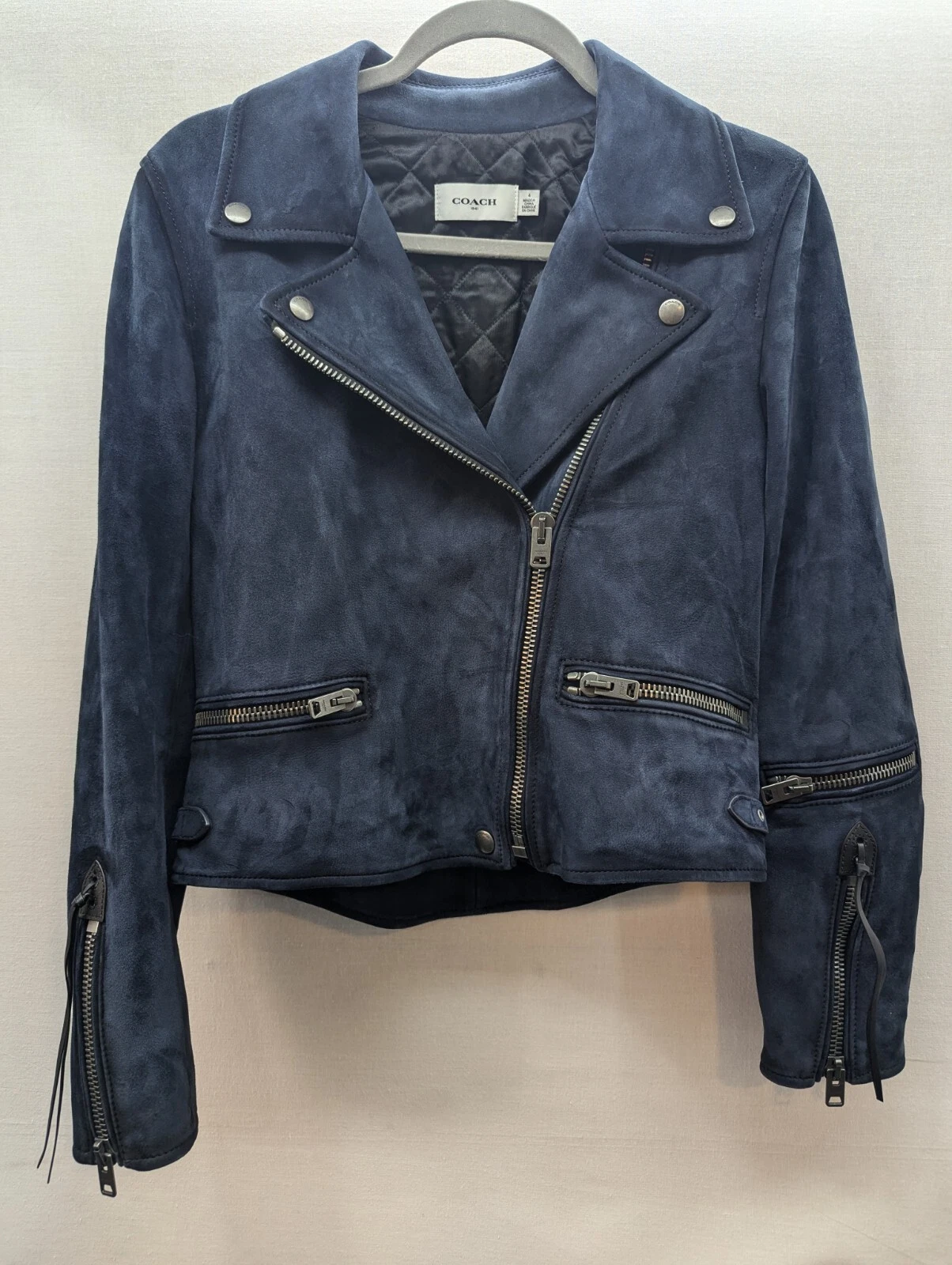 Giacca Moto COACH Blu Navy Pelle Scamosciata Taglia 4 Donna 4457