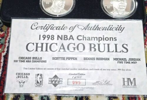 Highland Mint Chicago Bulls 1998 NBA Champs .999 Fine Silver Signature Set of 4 - Picture 3 of 18