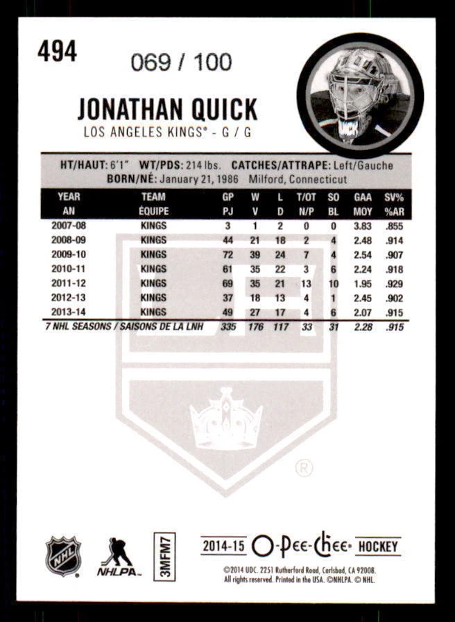 2014-15 O-Pee-Chee Black Rainbow #494 Jonathan Quick #69/100 (ref 23820) - Image 2 of 2
