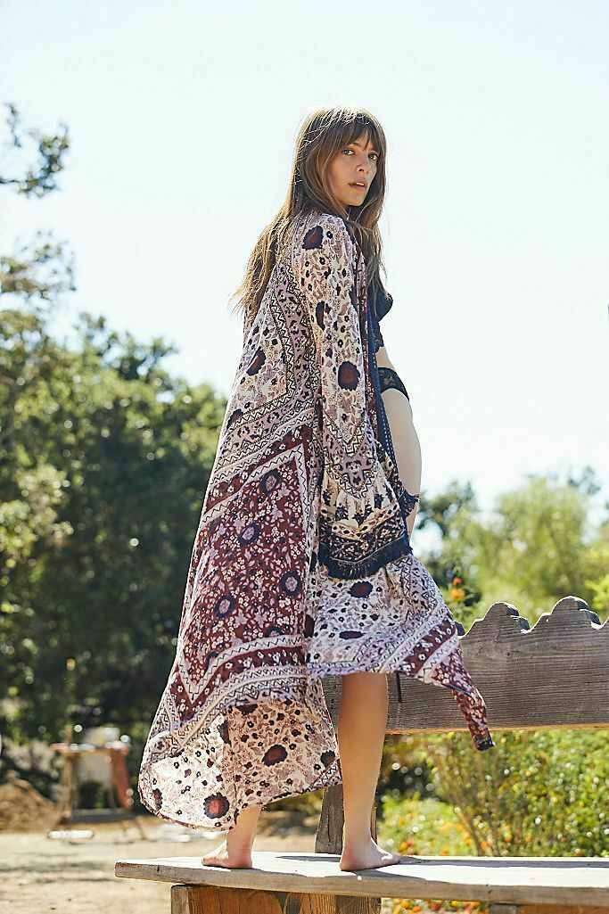 Free People Arabella Print Fringe Trim Duster Size Large Cover Up