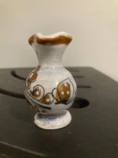 Vintage Mexican Tonala Pottery Mini Vase Light Blue Brown Flower Butterfly 2.5”