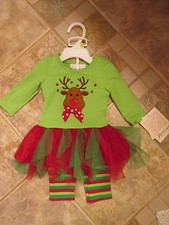 NWT Bonnie Jean, Girls, 3/6M, Reindeer Polka Dot Stripes Red Tutu Set w/Leggings