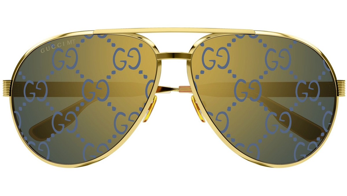 Gucci GG1513S 005 Sunglasses Gold GG Logo Blue Mirror Lenses