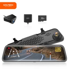 WOLFBOX 4K 12" Dash Cam Mirror WDR Backup Camera 2160P Full HD With Free SD