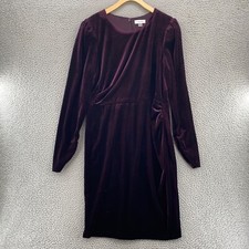Calvin Klein Dress Womens 14 Purple Velvet Shift Long Puff Sleeve Pleated Knee