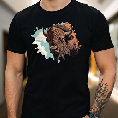 Herren T-Shirt Handgezeichneter Bison Motiv Baumwolle Größe XS bis 5XL