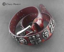Mens Goth Skull Cross Vintage Red Genuine Leather Belt Biker Rock