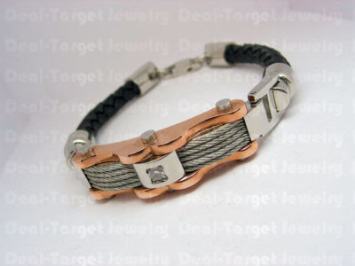 Black Leather Mens Bracelet Bangle Cable Stainless Steel 2-Tone Polished CZ 