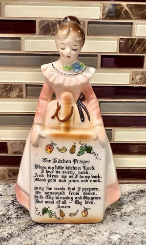 VTG Enesco Pink Prayer Lady Planter Mother In The Kitchen MCM