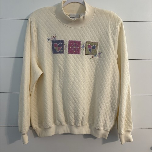 Vintage Alfred Dunner Sweater Womens Large 90s Embroidered Floral Heart Cottage