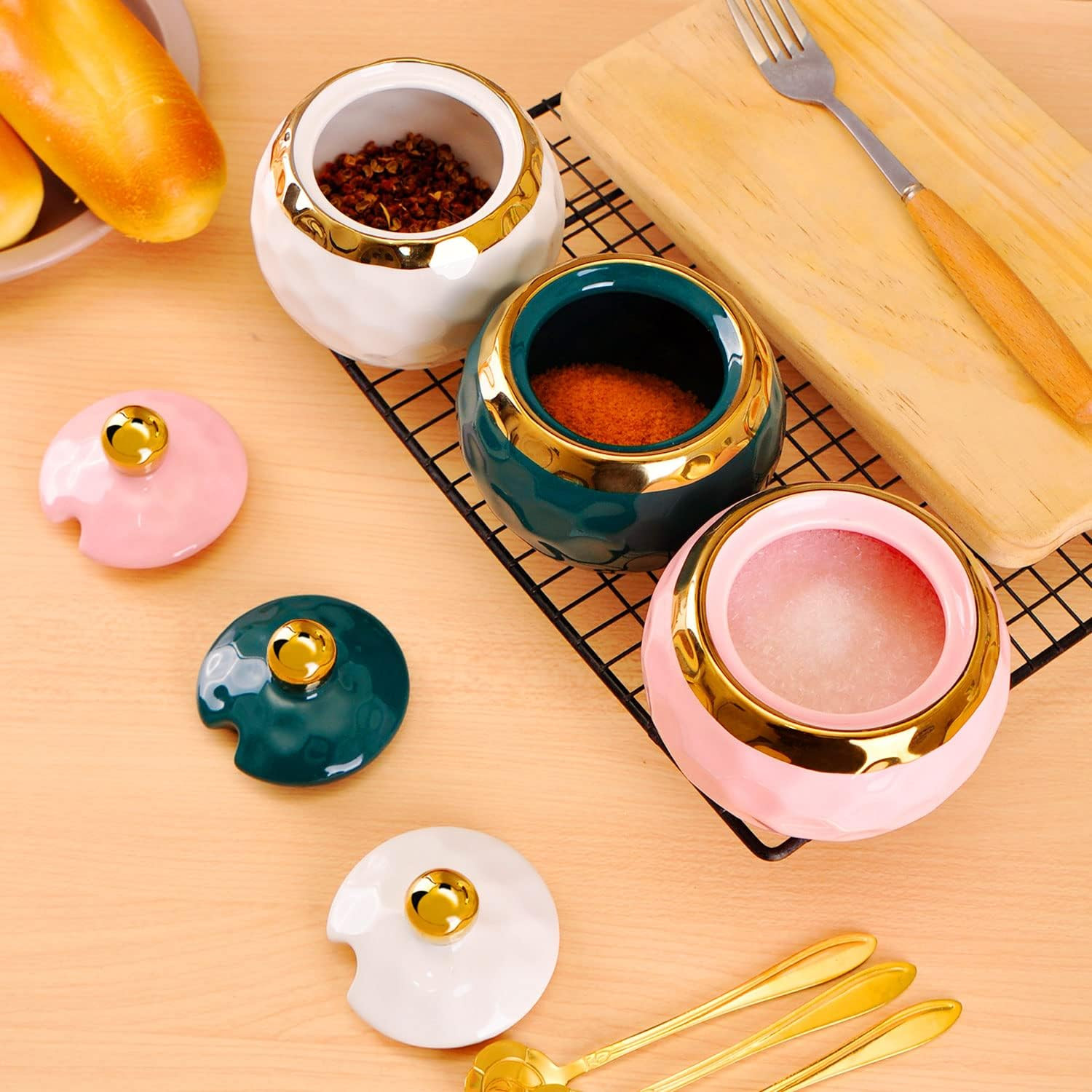 WHJY Ceramic Sugar Bowl with Lid and Spoon, Golf Design Porcelain Salt Bowl Salt