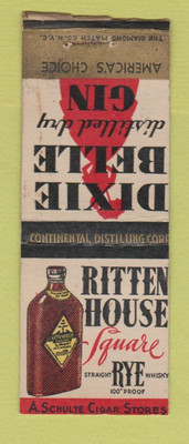 Matchbook Cover - Rittenhouse Rye Whiskey Dixie Belle Gin BOBTAIL