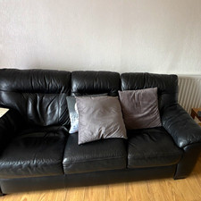 Black Leather 3 Seater Sofa, Solid Plain, Pad Arm, Living Room