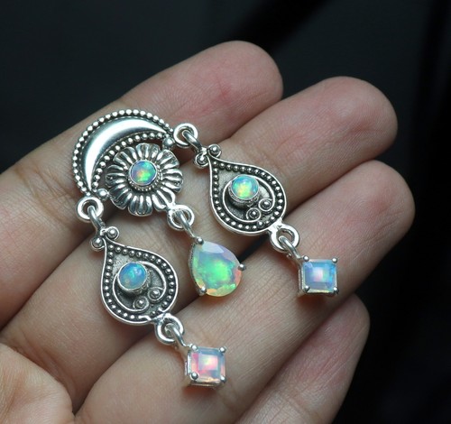 Sterling Silber Feueropal baumelnde Ohrstecker facettierter Opal Geschenk für Sie - Bild 13 von 13