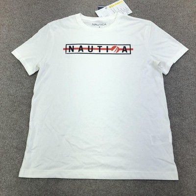 Nautica Shirt Mens Medium White Box Logo Graphic Tee Tagless Front Nautical