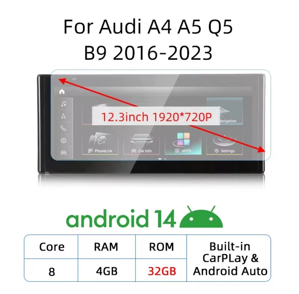 Autoradio Android 14 Carplay  Audi A4 A5 Q5 B9 2016-2023 4+32gb 8 Core 12.3” - Immagine 2 di 4