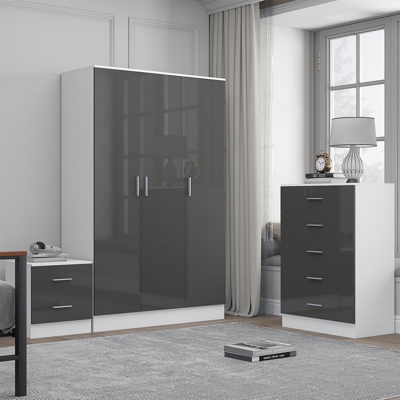 REFLECT Furniture - 3dr Plain Wardrobe + Chest + Bedside - Grey/White