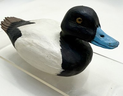 VTG Carved WoodPainted Miniature Blue Bill Duck Decoy Glass Eyes Folk Art 6 L