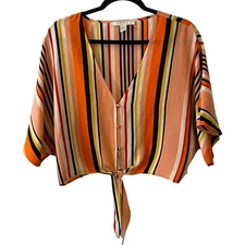 Forever 21 Striped V Neck Cropped Tie Front Blouse Top Shirt M