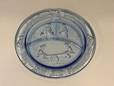 Vintage Blue Tiara Indiana Glass Nursery Rhyme Divided Plate Embossed 8.5in MCM