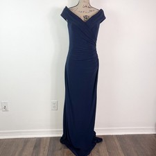 La Femme NWOT Elegant Off The Shoulder Form Fitting Jersey 27959 Dress Navy 6