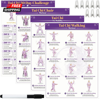 Tai Chi Workout Chart Poster Set for Seniors & Beginners, Tai Chi Chair Walking