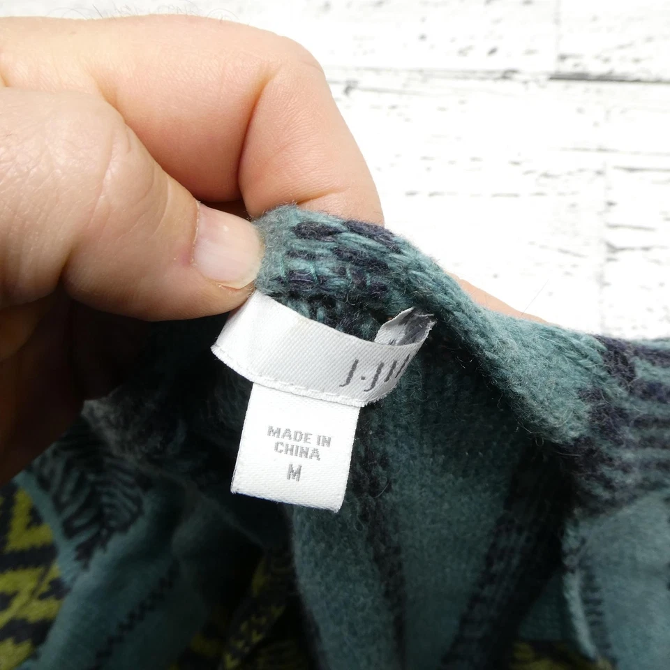 Cárdigan suéter para mujer Jill verde azulado medio lana geométrica alpaca frente abierto Foto 3 de 4