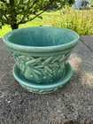 VTG  McCOY GREEN LEAF and BERRY PLANTER FLOWER POT w ATTACHED SAUCER -3" H